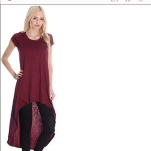 Burgundy Stripped High Low Short Sleeves Shirt